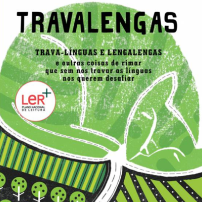 Capa de livro com título Travalengas e ilustração de árvore e campos estilizados