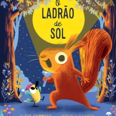 Capa de livro infantil com esquilo e pássaro numa floresta à noite, título O LADRÃO de SOL