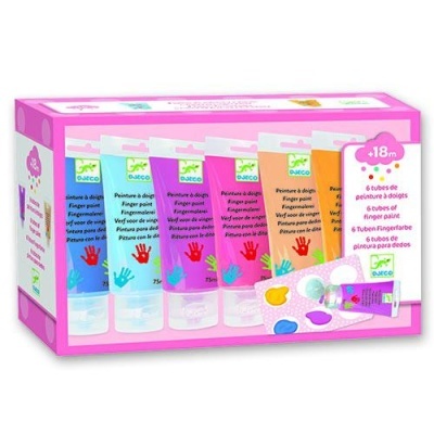Caixa de seis tubos de tinta para dedos Djeco em várias cores