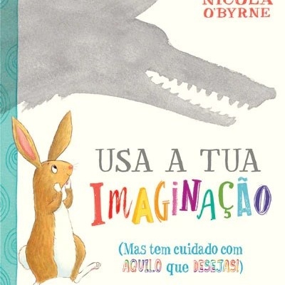 Capa de livro infantil com coelho e sombra de lobo, título colorido e autor Nicola O'Byrne
