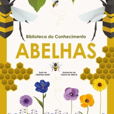 Capa de livro sobre abelhas com ilustrações e texto em português.