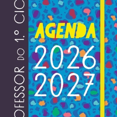 Agenda 2026 2027 para professor com padrão colorido fundo azul e faixa preta lateral