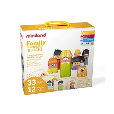 Caixa do jogo Miniland Family Diversity Blocks com blocos coloridos e figuras humanas.