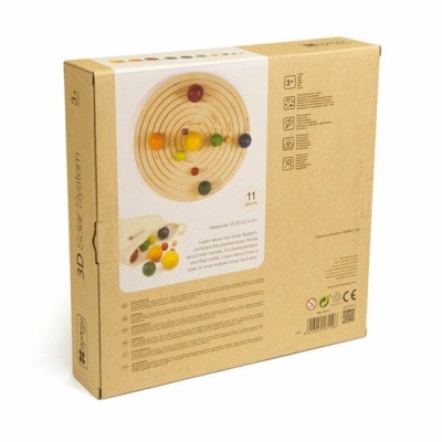 Caixa de jogo 3D Solar System com peças coloridas e embalagem em cartão reciclado castanho