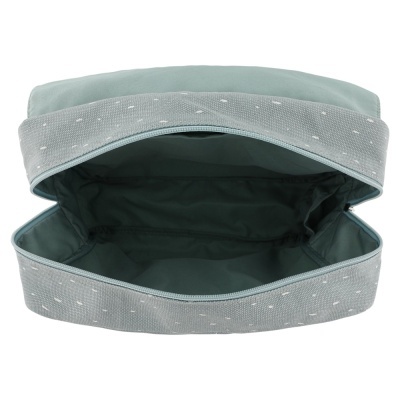 Necessaire retangular cinza esverdeado com bolinhas brancas e interior verde-água