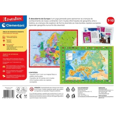 Jogo educativo 'À descoberta da Europa' com mapas e cartas sobre capitais europeias para crianças 7-10 anos
