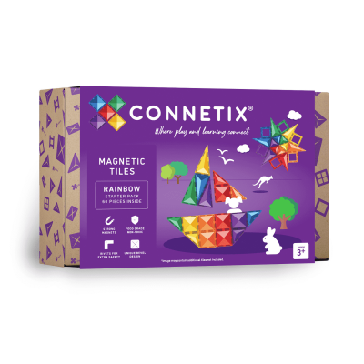 Pacote CONNETIX Magnetic Tiles Rainbow Starter Pack com 60 peças em fundo roxo e castanho