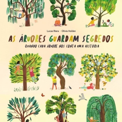 Capa de livro ilustrado com nove árvores coloridas e pessoas, texto do título e autores