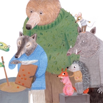 Vários animais ilustrados vestidos com roupas coloridas em volta de uma panela grande.