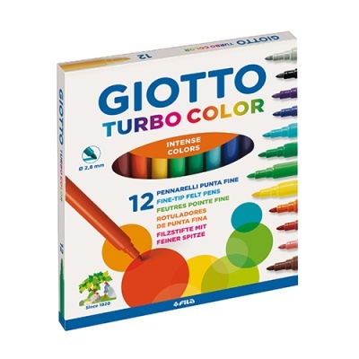Embalagem de canetas de feltro Giotto Turbo Color com 12 cores intensas.