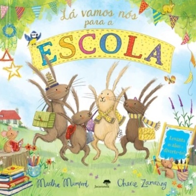 Capa de livro infantil com quatro coelhos e texto colorido Lá vamos nós para a ESCOLA