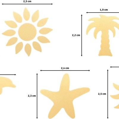 Cinco formas decorativas amarelas com medidas, incluindo girassol, palmeira, golfinho, estrela do mar e sol.