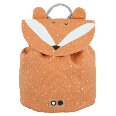 Mochila cor de laranja com padrão de pontos brancos e formato de raposa