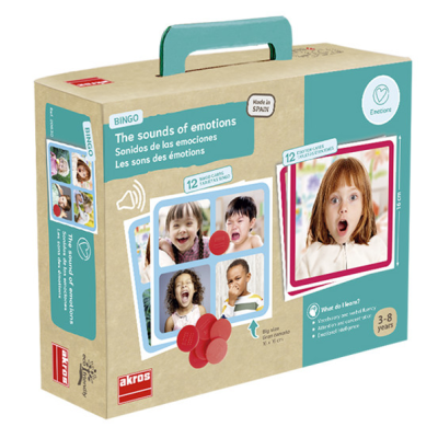 Embalagem de jogo didático de bingo 'The sounds of emotions' com imagens de crianças e fichas vermelhas.