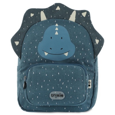 Mochila infantil azul com desenho de dinossauro e bolso frontal