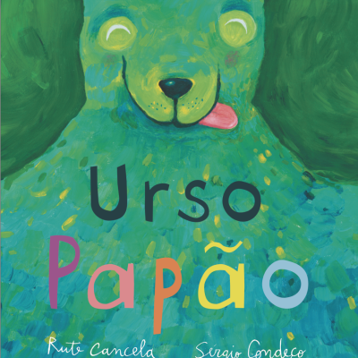 Capa de livro com ilustração colorida de um urso azul verde e título Urso Papão