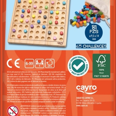 Jogo Sudoku de madeira com peças coloridas e saco branco