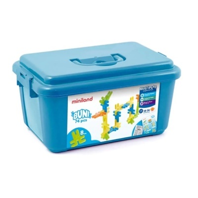Caixa azul Miniland BUNI 74 peças com tampa e etiqueta frontal colorida