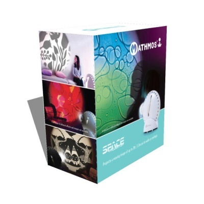 Embalagem de projetor decorativo matemático branco com imagens de projeções coloridas e texto