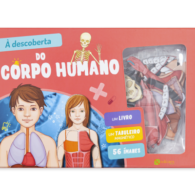 Caixa de jogo educativo do corpo humano com figuras humanas e peças magnéticas visíveis através do plástico.