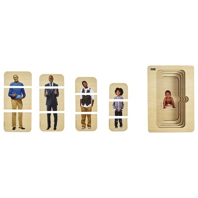 Puzzles de madeira com imagens de pessoas e criança, peças em diferentes tamanhos.