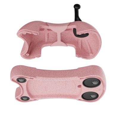 peça plástica rosa com alavanca preta e botões circulares