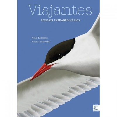 Capa de livro azul com imagem de pássaro branco e texto Viajantes Animais Extraordinários