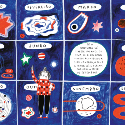 Calendário mensal ilustrado com desenhos abstratos coloridos e texto em português