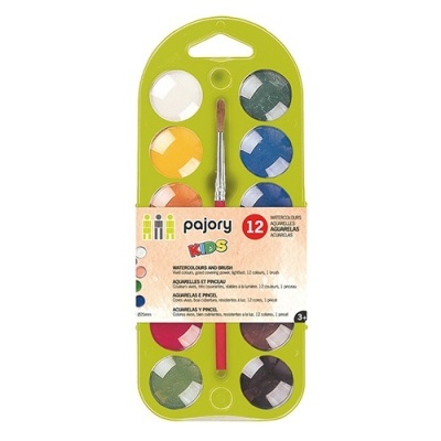 Conjunto de aguarelas Pajory Kids com 12 cores e pincel num estojo verde.