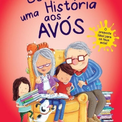 Capa de livro infantil 'Como Ler uma História aos AVÓS' com avós, crianças e cão.