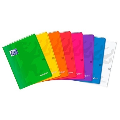 Conjunto de cadernos coloridos com capas plásticas e texto OXFORD e easyBLOC
