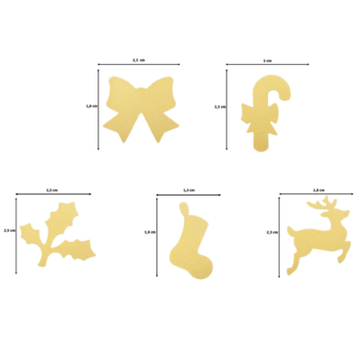 Peças decorativas natalícias douradas com formas de fita, cane de doces, folhas de azevinho, meia e rena