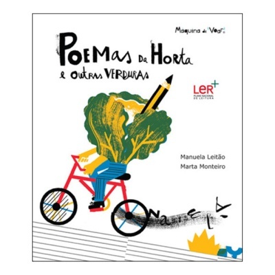 Capa de livro com ilustração de pessoa bicicleta, folhas verdes e lápis