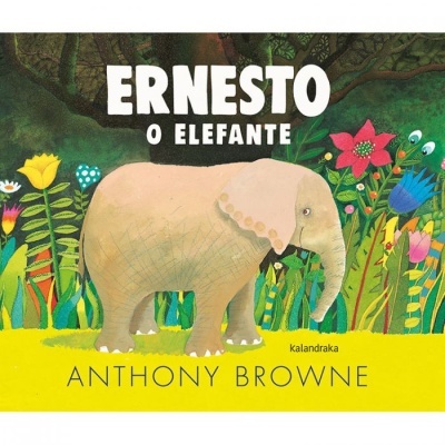 Capa do livro 'ERNESTO O ELEFANTE' com elefante rosa e flores coloridas