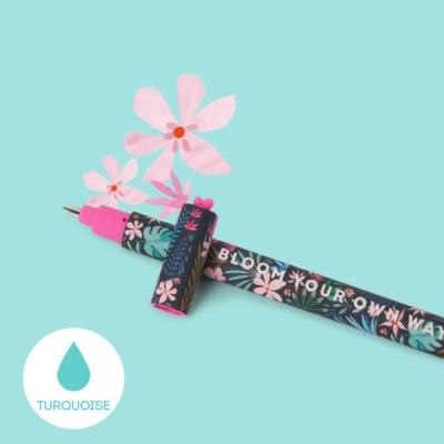 Caneta decorativa com padrão floral e texto 'BLOOM YOUR OWN WAY'