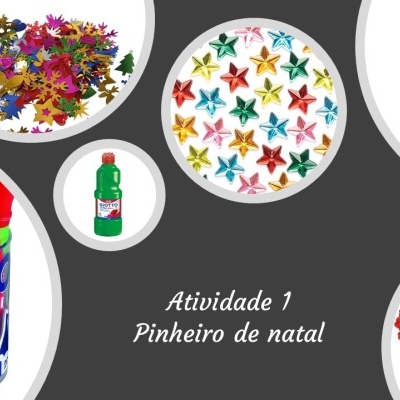 Materiais para atividade de Pinheiro de Natal com fita Giotto, purpurinas, cola, contas e árvore de cartão.