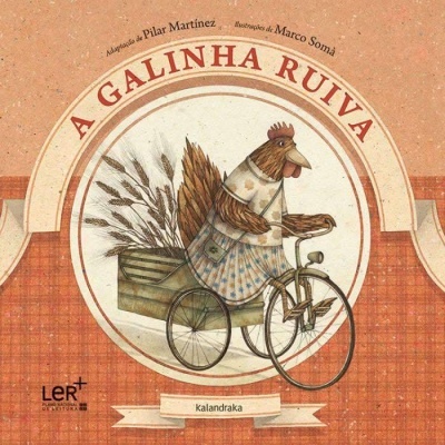 Ilustração de uma galinha ruiva em triciclo com espigas de trigo, capa do livro 