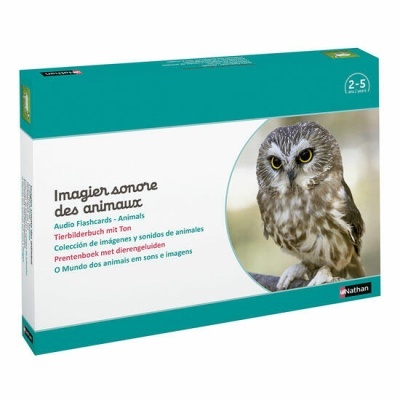 Caixa de flashcards áudio de animais com imagem de coruja e texto em várias línguas