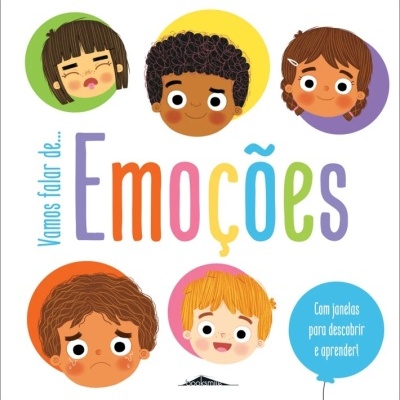 Capa de livro infantil sobre emoções com faces de crianças e texto colorido