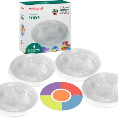 Conjunto de 4 tabuleiros transparentes para arrumação de brinquedos Miniland com embalagem