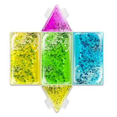 Cinco gel packs reutilizáveis coloridos para alívio de dores, em formas retangulares e triangulares com brilhos prateados