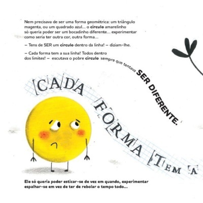 Desenho de círculo amarelo com rosto triste e texto em português sobre formas e diferenças.
