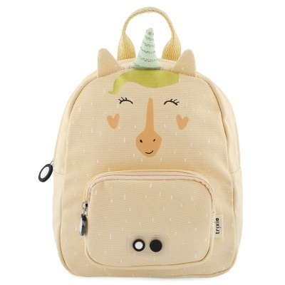 Mochila infantil bege com rosto de unicórnio e bolso frontal