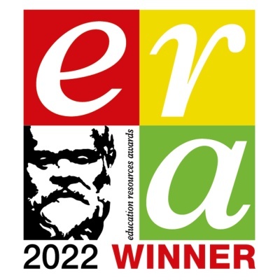 Logótipo dividido em quatro quadrantes coloridos com letras e uma imagem de rosto, texto 'education resources awards 2022 WINNER'