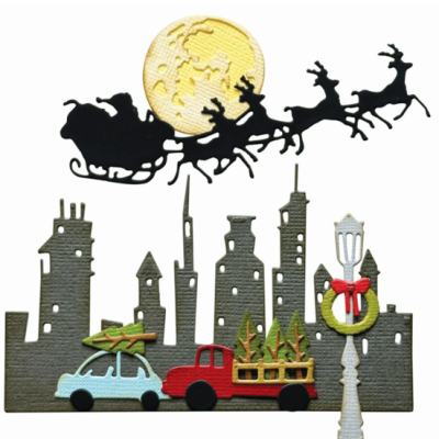 Decoração de cidade com carros, árvores e trenó com raposas sob a lua.