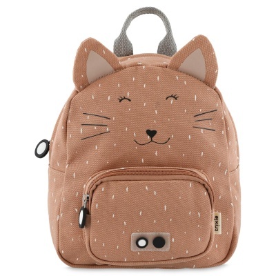 Mochila infantil castanha com padrão risquinhos e rosto de gato