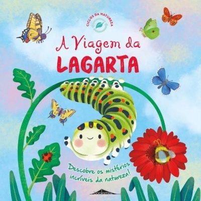 Capa de livro infantil com lagarta e borboletas coloridas