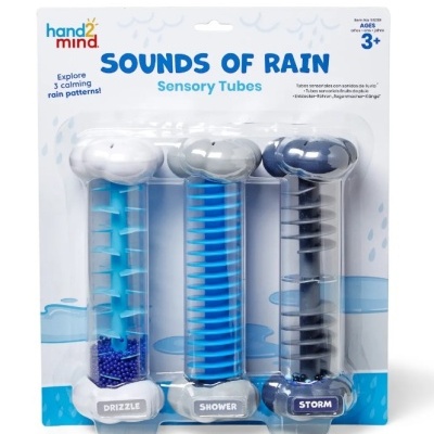 Tubos sensoriais Sounds of Rain com design de nuvem e gotas, embalagem branca e azul.