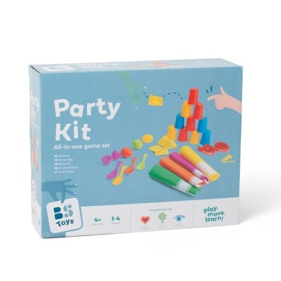 Conjunto de jogo Party Kit com acessórios coloridos em caixa azul