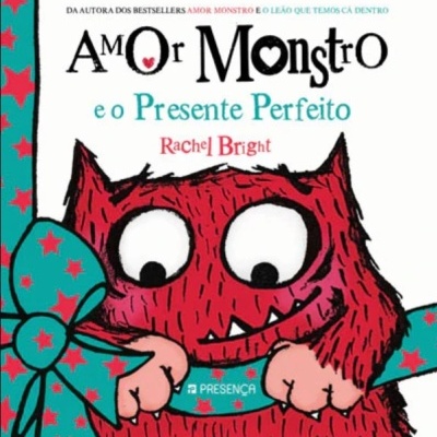 Capa do livro Amor Monstro e o Presente Perfeito com monstro vermelho e laço azul com estrelas vermelhas